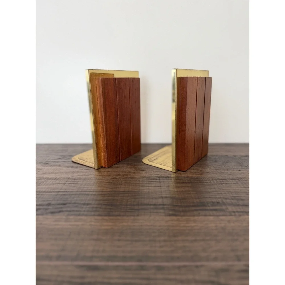 Vtg Park Sherman Solid Walnut Metal Bookends Mid Century Modern Minimalist Pair